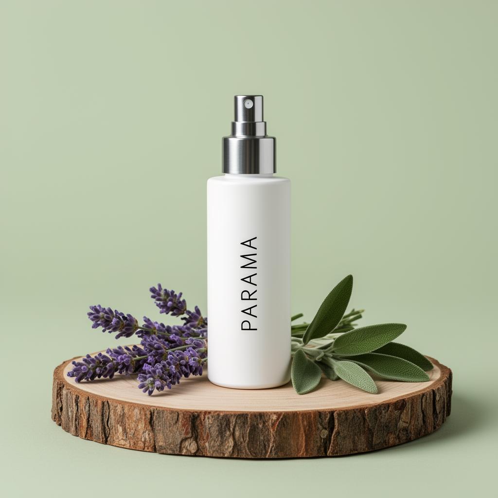 PARAMA Signature aromatherapy bottle on wood with lavender and sage