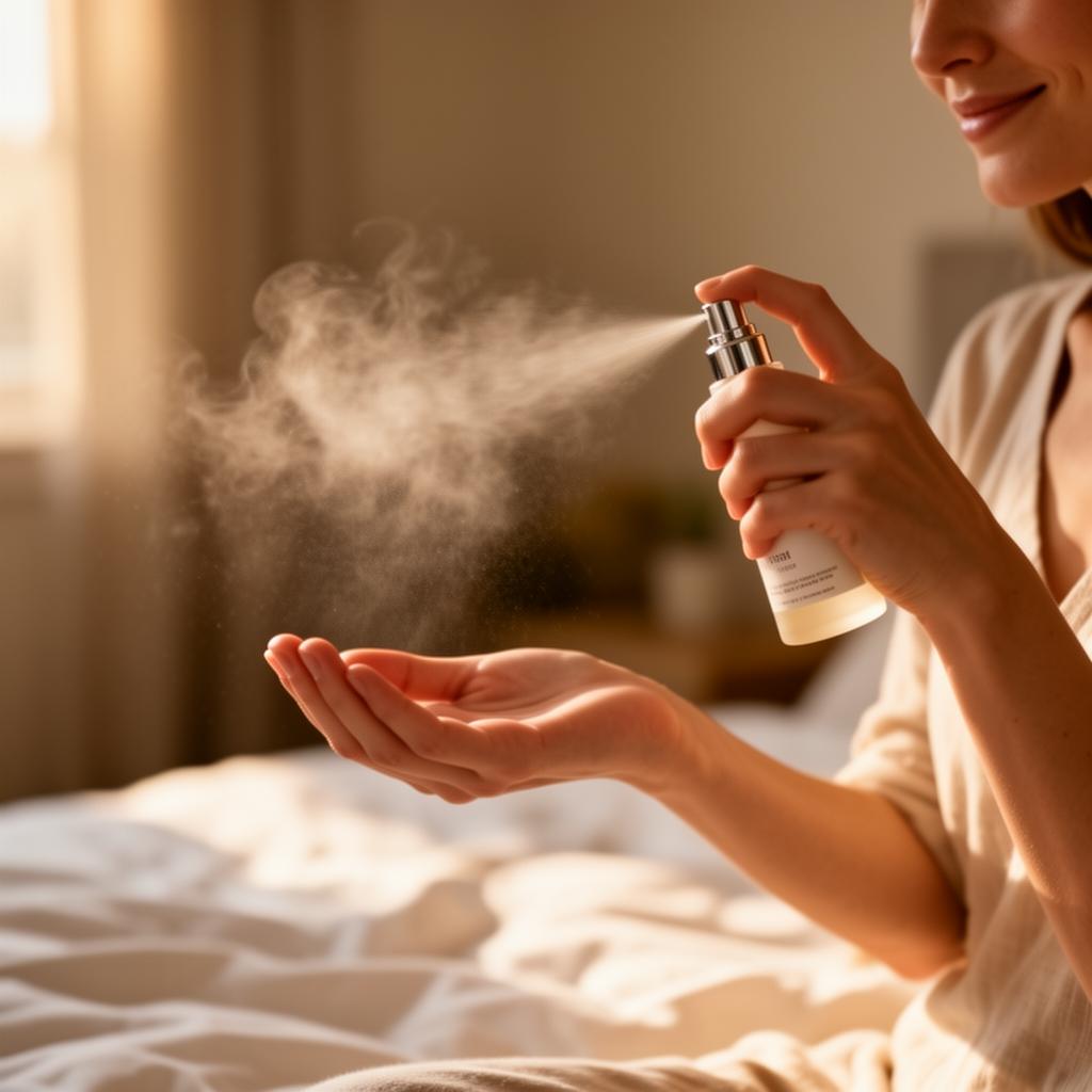 Hands gently misting PARAMA aromatherapy spray in warm morning light